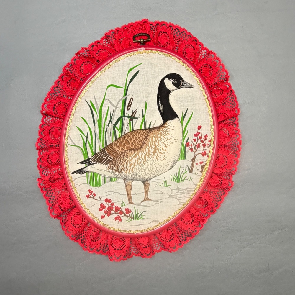 Vintage Canada Goose Wall Art Red Lace Hoop 13x11in Cottagecore Decor